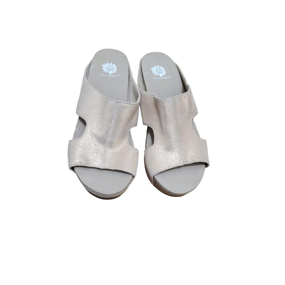 Yellowbox Basic Sage Leather  Metallic Womens Glittery Beige Wedge Sandals - Siz